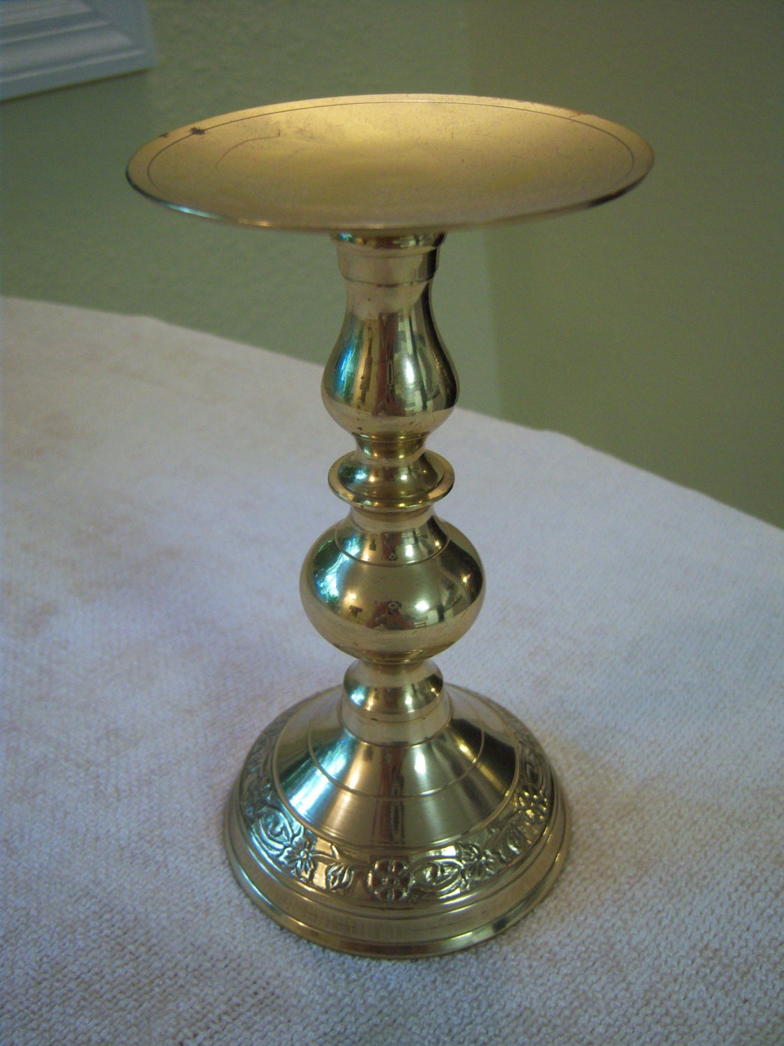 Vintage brass pillar candle holder/Raised floral