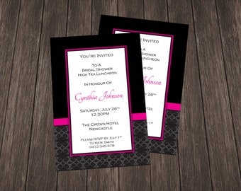 Bridal Shower Invite-Black and Hot Pink Damask