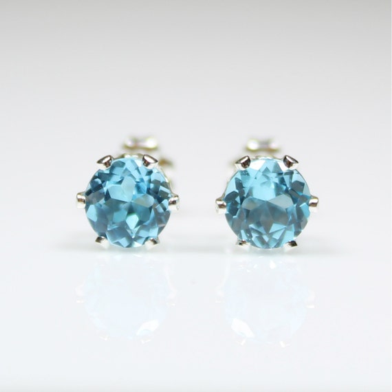 Blue Topaz Sterling Silver Stud Earrings 6mm Round Faceted Natural ...