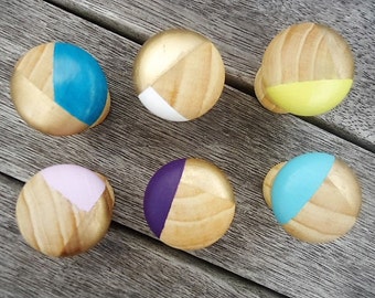 Handpainted Wooden Geometric Drawer Knobs - Set of 6