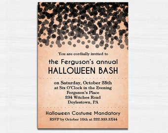 Halloween Invitation, Elegant Halloween Invitation, Printable Halloween Invitation, Black and white, black confetti, Halloween Bash Invite