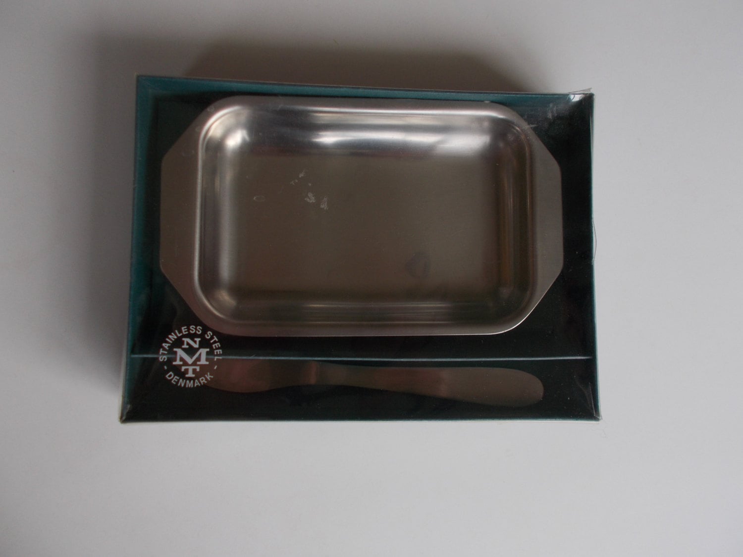 Made in Denmark stainless steel vintage butter dish and knife set NMT