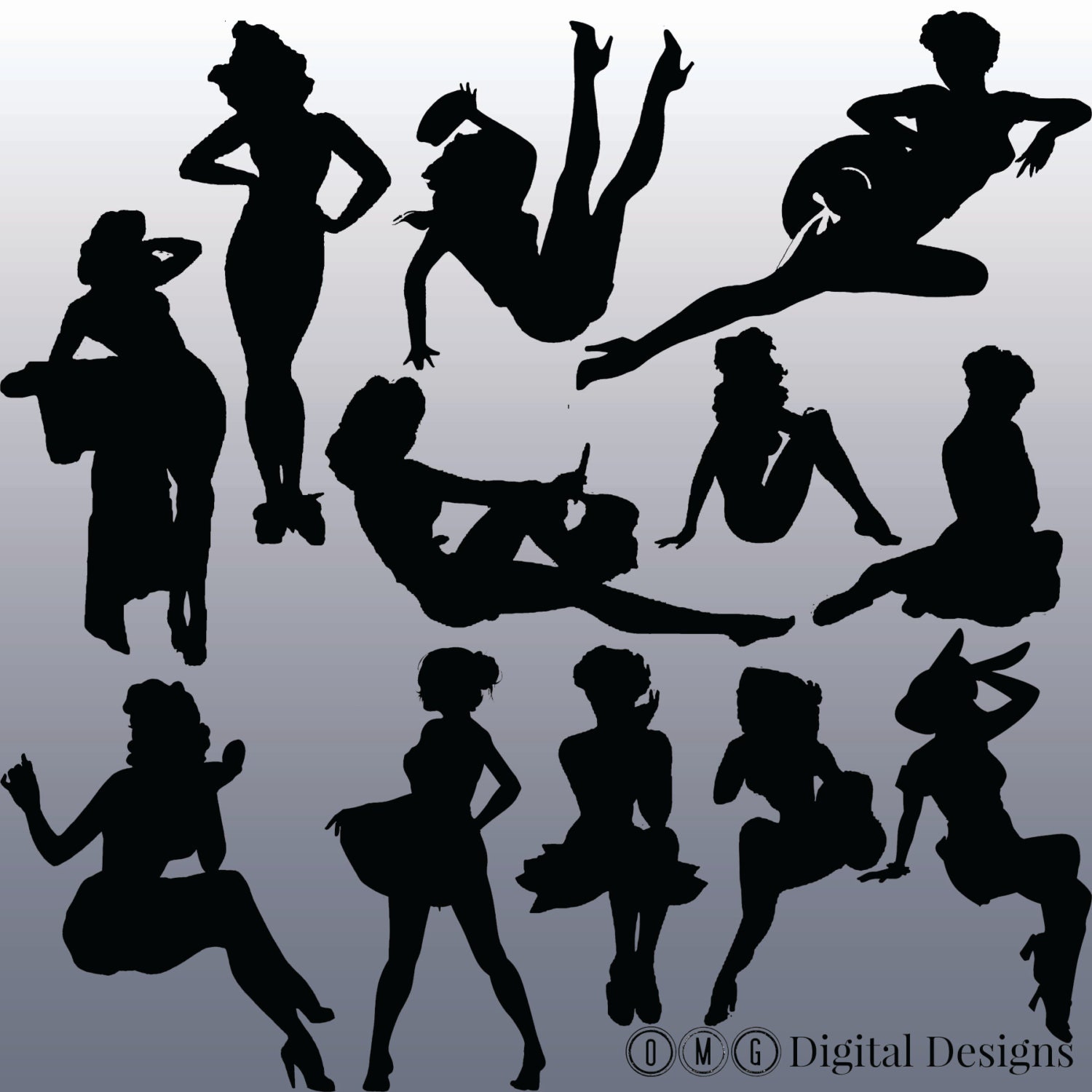 12 Pin Up Girl Silhouette Digital Clipart Images Clipart Design Elements Instant Download 