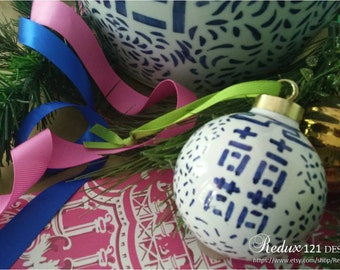 Handmade Blue and White Porcelain Chinoiserie Ornament Inspired by Vintage Double Happiness Shangxi Ginger Jar Hollywood Regency