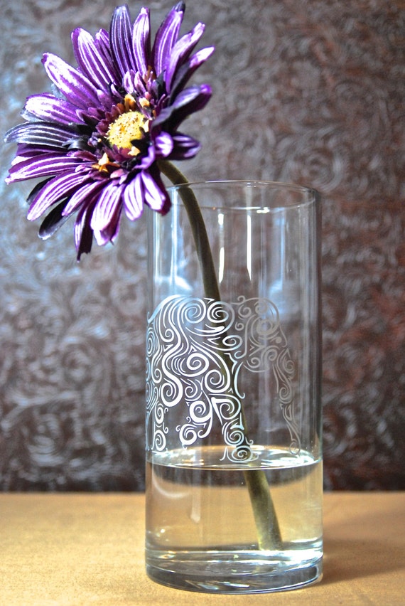 Elephant Vase Glass Etched Vase Tinted Silver Etched Glass