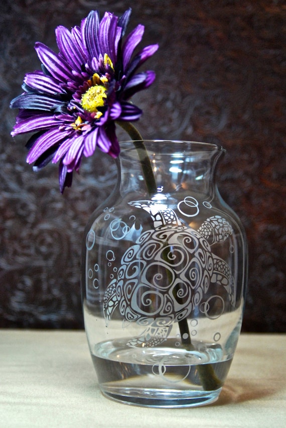 Sea Turtle Vase Glass Etched Vase Etched Glass Gifts