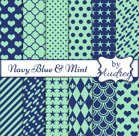 Mint and Navy Blue Digital Paper Green by DigitalPaperbyAudrey