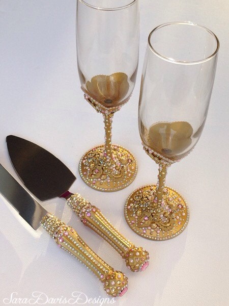 Pink and Gold  Toasting Flute Cake  Server  Set  Pink and Gold 