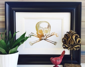 Skull and Crossbones, Skull Decor, Pirate decor, Halloween Decor, Real Foil, Gold Foil Print