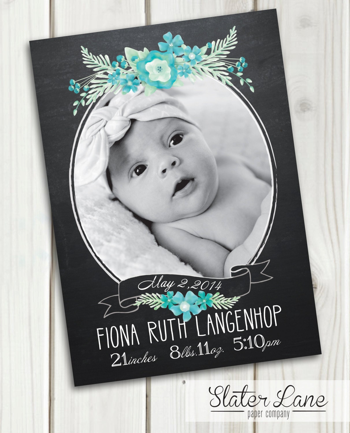 Baby Birth Announcement Chalkboard Blue Floral Custom