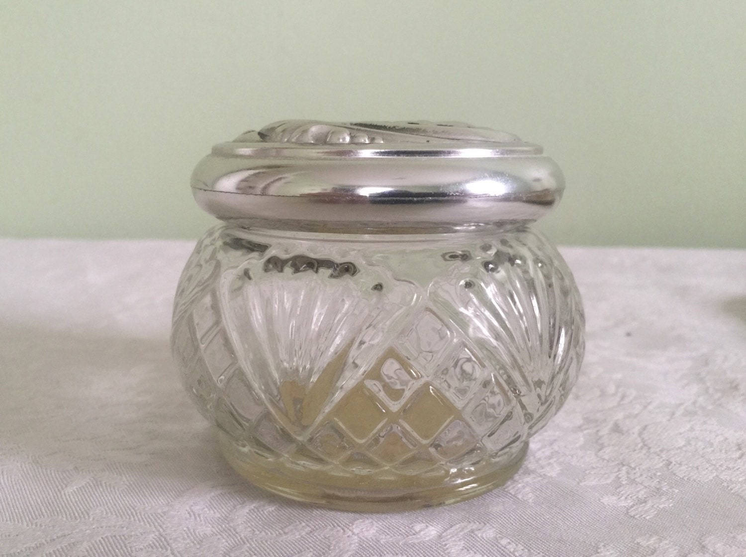 Vintage Avon moisture rich cream glass jar with ornate metal
