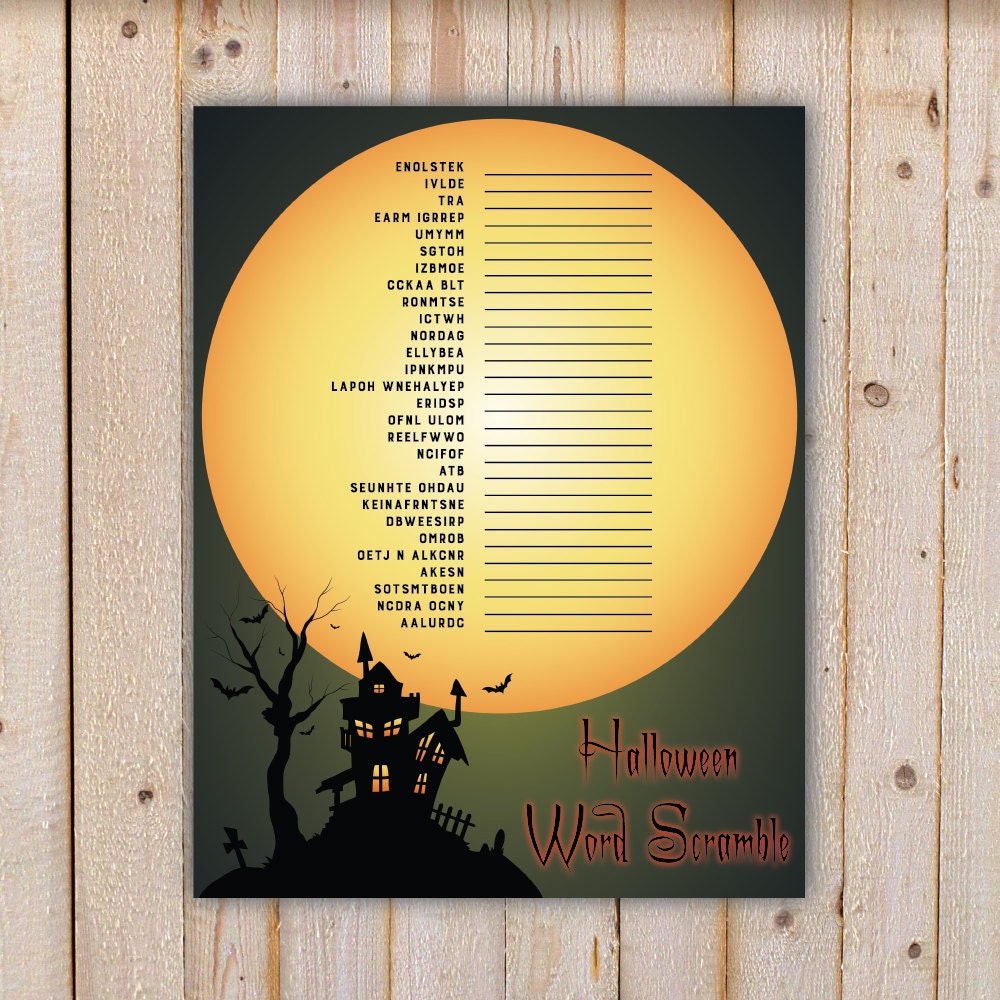 Halloween Word Scramble Party Game with haunted house and