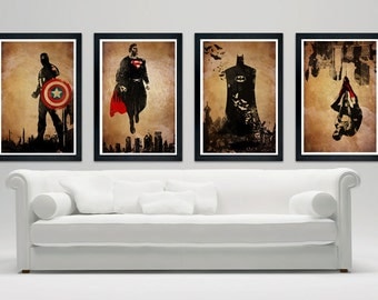Superhero minimalistic poster set, Batman, Superman, Spiderman, Captain America, Minimalistic Poster Series