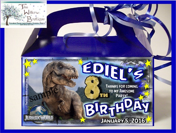 Pk 4 Dinosaur or JURASSIC PARK World BIRTHDAY Goody Box Favors Personalized with your childs name etc.