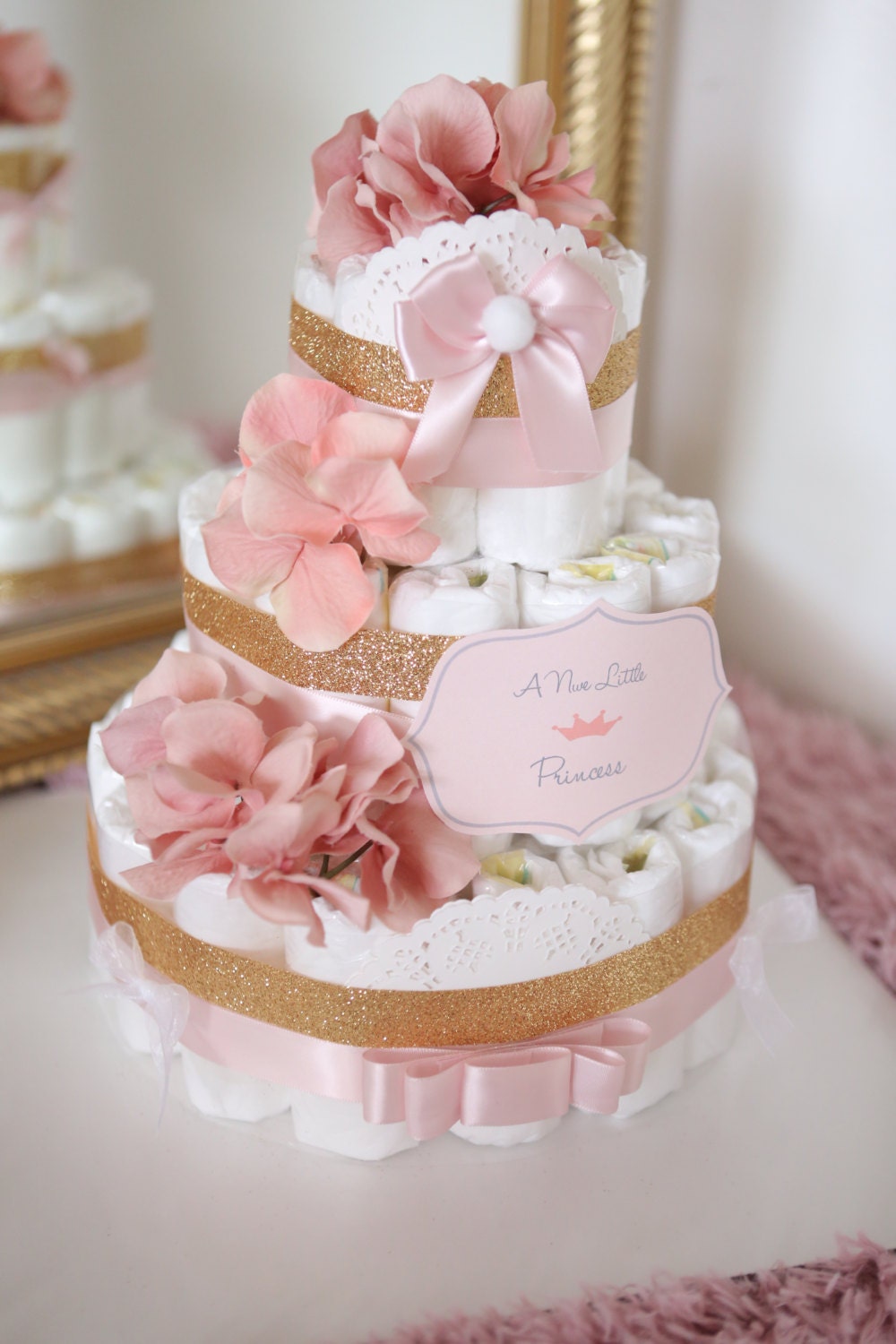Baby Girl Gold & Coral Pink Diaper Cake / Baby Shower