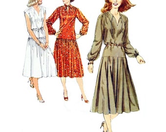 70s Simplicity 8749 Pullover Dress with Pleated Skirt, Dropped Waistline, Front Slit with Tie Opening Sewing Pattern Size 10
