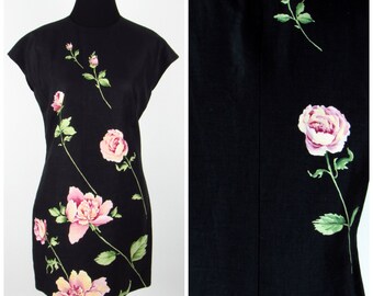 Ellen Tracy Short Mini Dress Linen Black Floral Wiggle Casual Short Roses Cap Sleeves Vintage Retro S/M