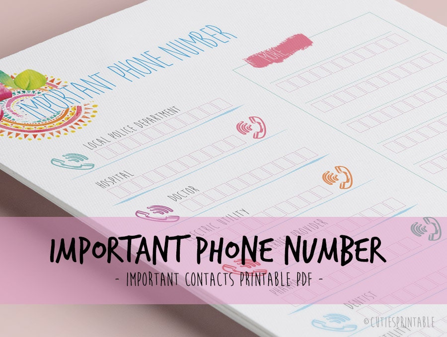 Digital Important Phone Numbers  Printable by CutiesPrintable