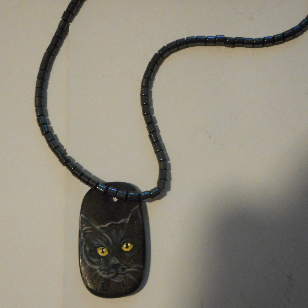 Black Cat Beaded Necklace Painted Ceramic by daniellesoriginals