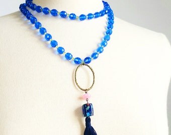 Long Boho tassel necklace, blue sapphire crystal beaded necklace, Bohemian Necklace, layering necklace, gift for best friend, gift for her