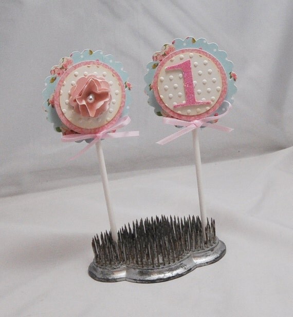 Blue Floral Cupcake Toppers- Set of 12- Girl 1st Birthday Il_570xn