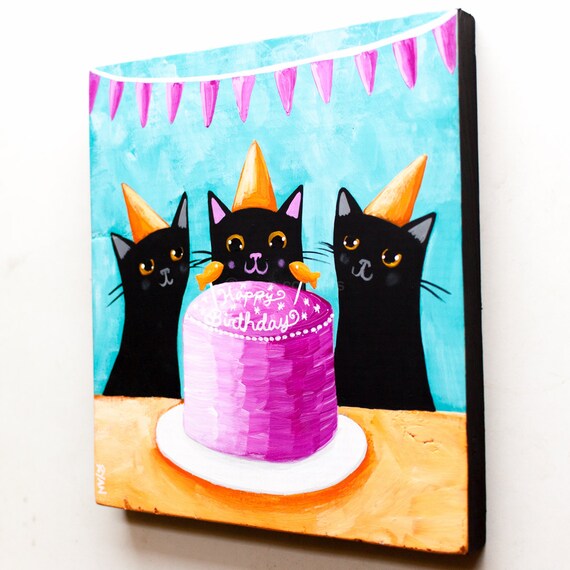 CAT Art Happy Birthday Kitties Original Cat Folk Art Painting