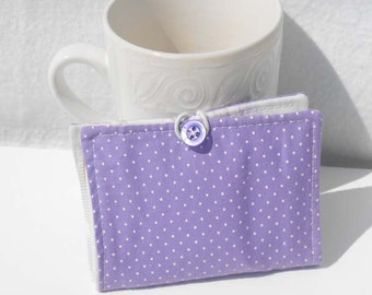 Tea Wallet, Fabric Wallet, Business Card Holder - Purple and White Polka Dots Wallet