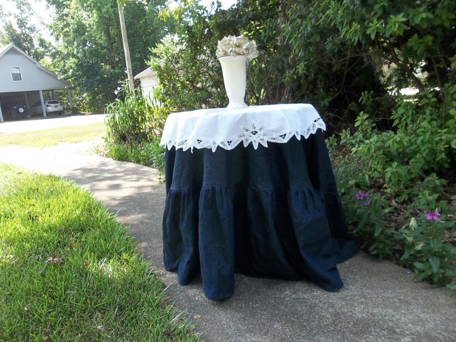 Floor Length Ruffled Tablecloth Round Denim by misshettie on Etsy