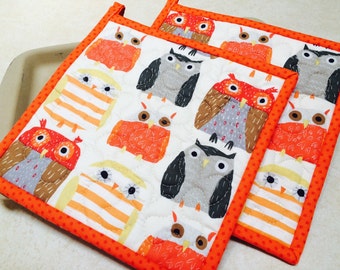 Owl Potholders, Quilted Potholders, Fabric Potholders, Set of 2, Owl Hotpads, Pot Holder