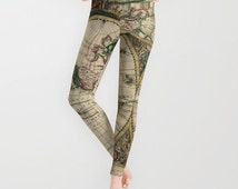 Map Of The World Yoga Pants Old World Map Leggings, Map Yoga Pants, Unique Fashion, Vintage Map Yoga Leggings
