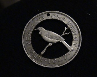 New Zealand - cut coin pendant - Tui Bird on Branch - 1947