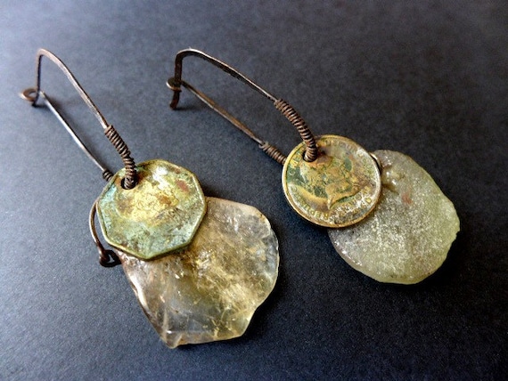 Anchorage. Coin, citrine and roman glass earrings. 