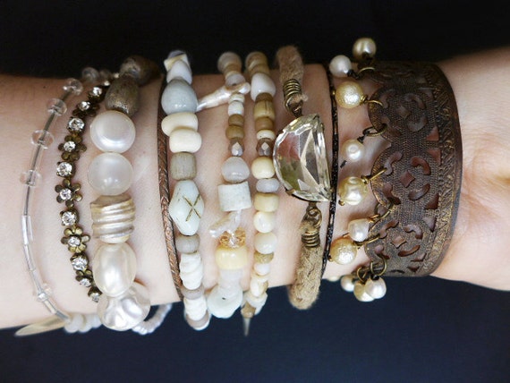 Beach Sand 2. Bangle stack. Rustic tribal gypsy bracelet set with cuff in white and beige.