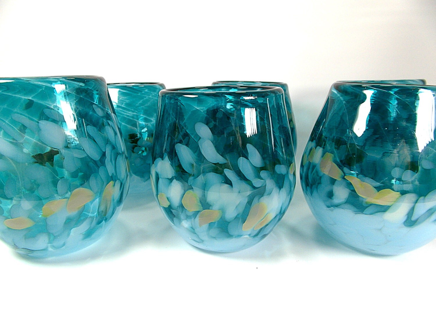 Stemless Wine Glasses in Teal Blue Light Blue and Beige set