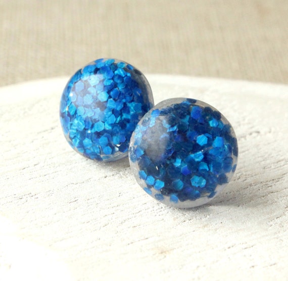 Blue Glitter Earrings STUDS or Clip Ons e634