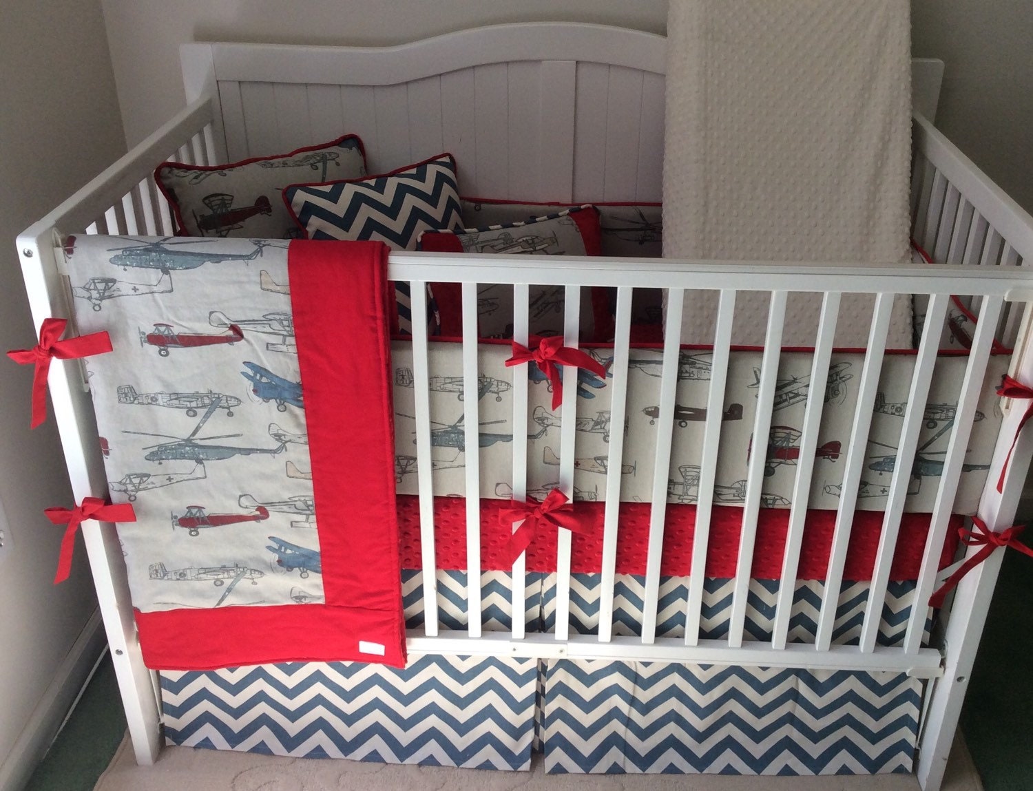 Baby Boy Crib Bedding Set in Vintage Airplanes Red and Blue