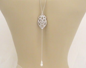 Backdrop Necklace, Bridal jewelry, Swarovski Crystal Necklace, Rose gold, Wedding necklace, Pearl necklace, Swarovski necklace. AMELIA