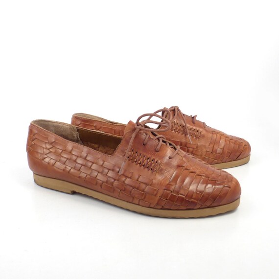 Woven Oxford Shoes Vintage 1980s Cherokee Carmel Brown Lace Up