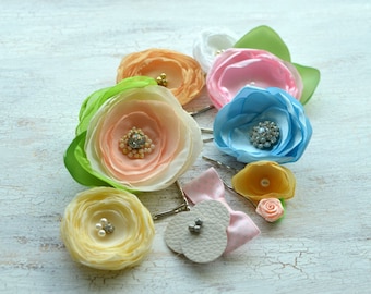 FLOWER SALE- Floral hair accessories, fabric flower pins, hair pins, fabric flowers, silk flowers bulk, spring pastel flowers- 10pcs- set 10
