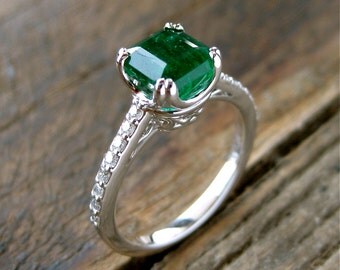 Emerald Engagement Ring in 14K White Gold with Diamonds Scrolls and Double Claw Prongs Size 6