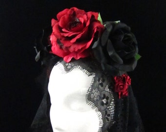 Burnt Red Rose Headdress with Trailing Black Lace for Day of the Dead/Dia de los Muertos/Costume/Wedding
