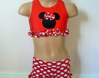 Toddlers Girls Minnie Mouse Cheer Costume. Minnie Mouse Dance Costume. Sports Bra. Shorts. Performance Costume. SIZES 2t - Girls 10