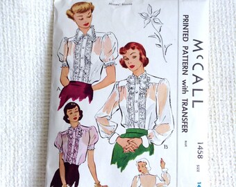 Vintage 1940's Woman's Blouse sewing pattern. McCall. Size 14, Bust Size 32. No. 1458