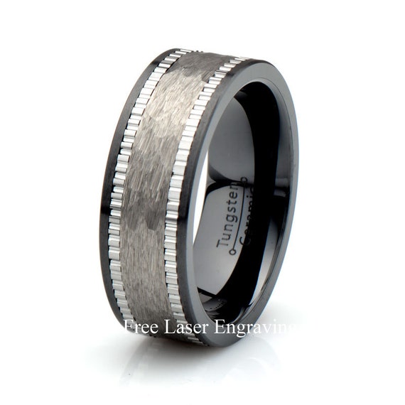 Ceramic Wedding Ring Textured Hummered Tungsten Carbide inlay