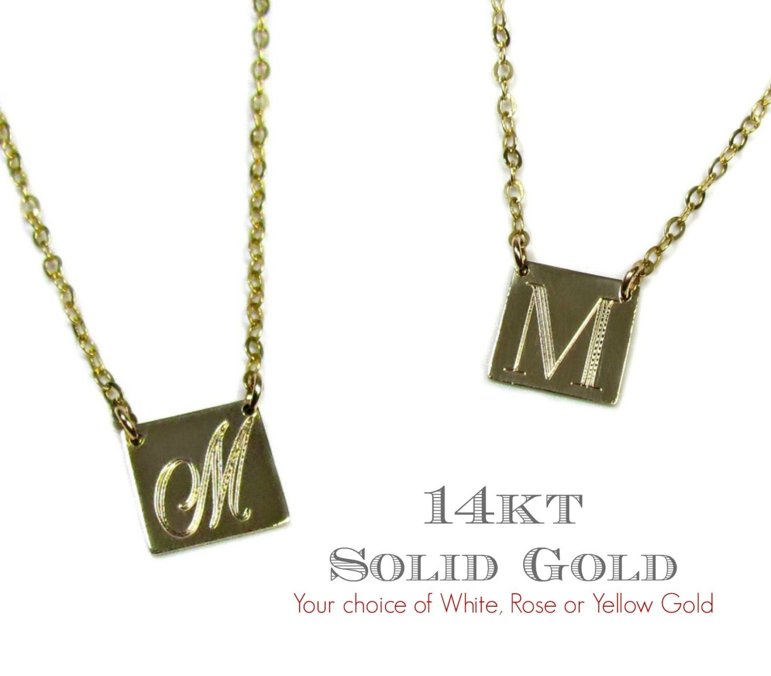 14KT SOLID GOLD Square Engraved Initial Necklace in 14Kt