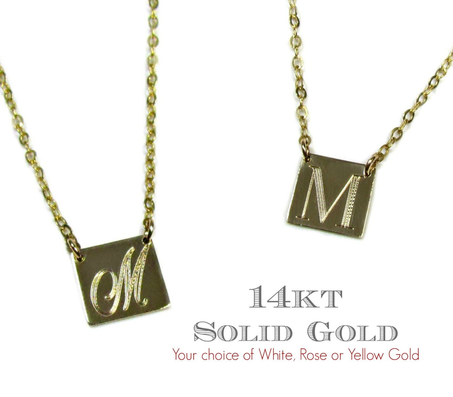 14KT SOLID GOLD Square Engraved Initial Necklace in 14Kt