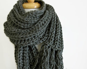Long Gray Knit Scarf - Handknit Scarf - Grey Crochet Scarf - Scarf with Fringe - Mens Winter Scarf