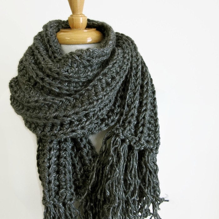 Long Gray Knit Scarf Handknit Scarf Grey Crochet Scarf