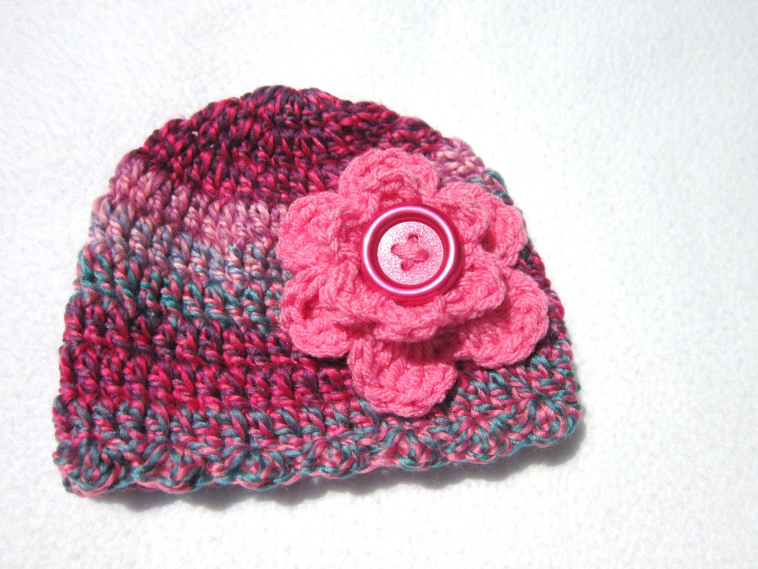 Pink and Turquoise Hat with Pink Flower and by crochetedbycharlene