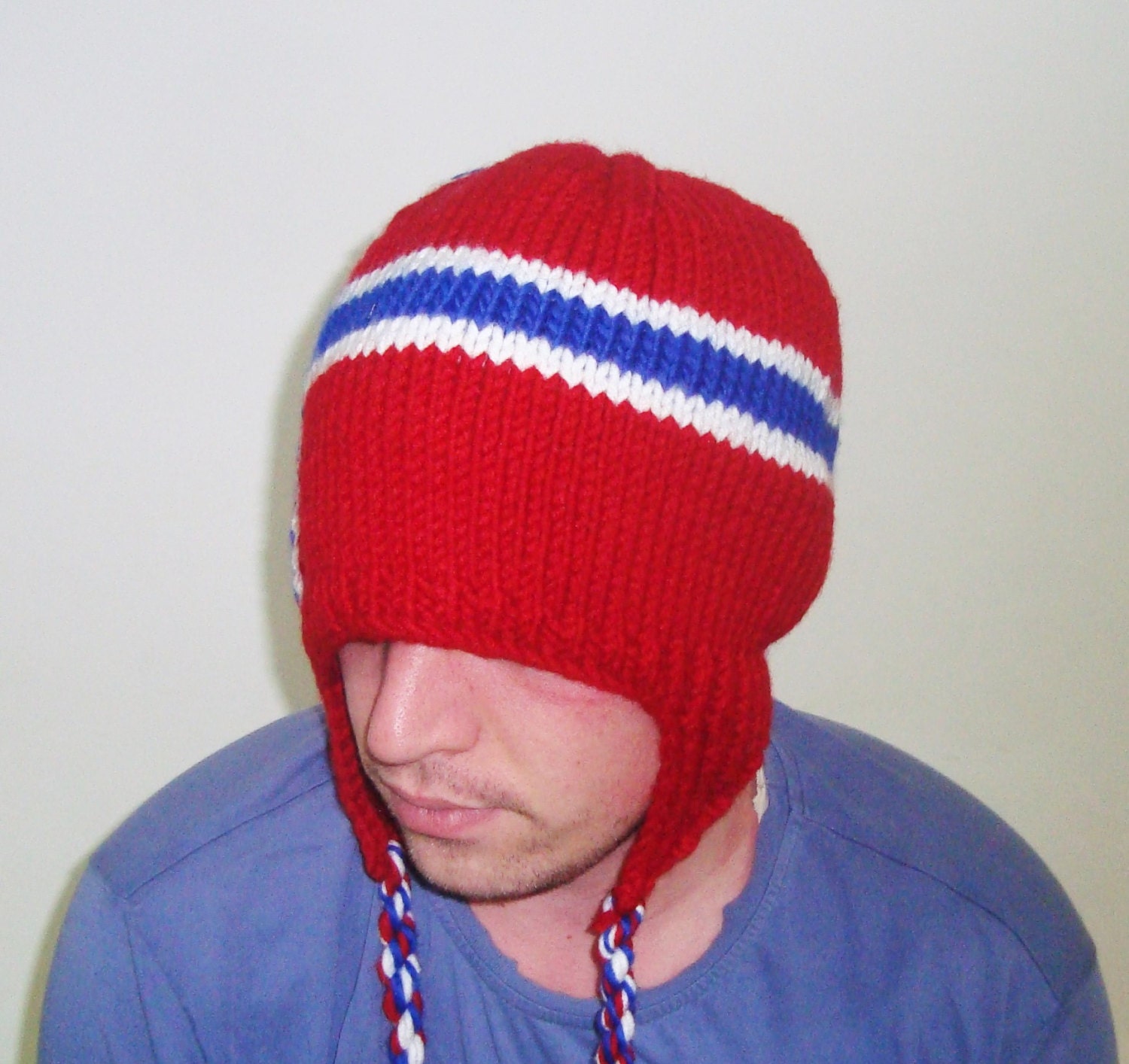 Norwegian Flag Hat Hand Knit Mens Hat in red blue by earflaphats